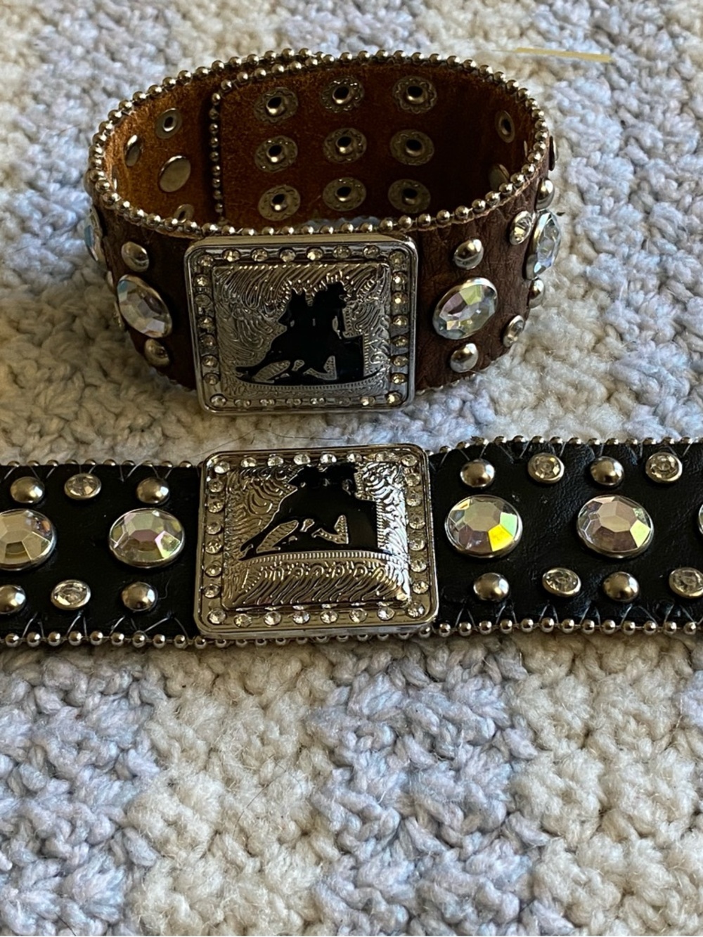 Square Concho w/ barrel racer Cowgirl rhinestones Western leather Cuff Bracelet